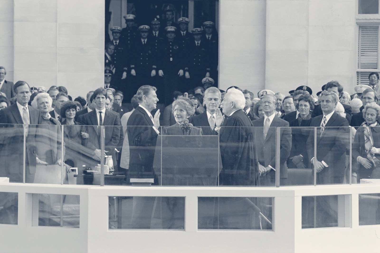 Ronald Reagan taking the oath of office at the U.S. Capitol, Jan. 20, 1981, in a navy duotone