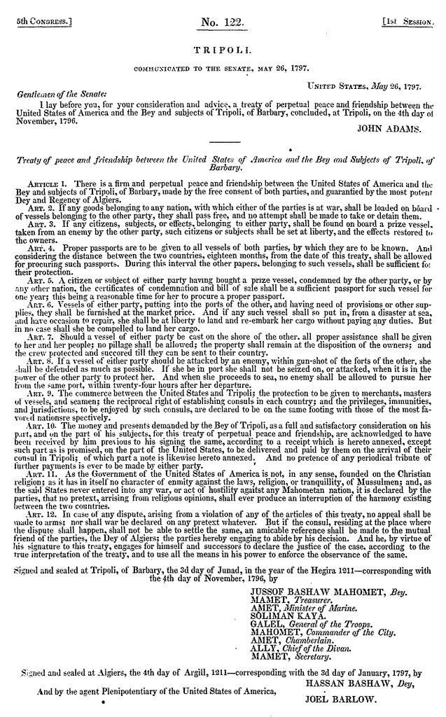 Printed English text of the Treaty of Peace and Friendship with Tripoli, as communicated to Congress in 1797